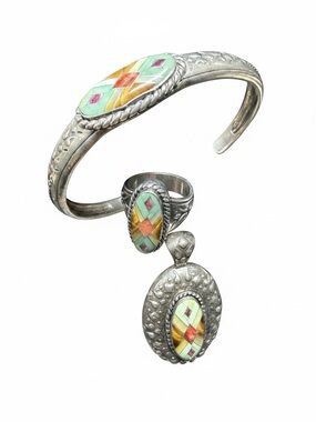 Sterling Silver Multi-Color Inlay Bracelet, Ring & Pendant Set